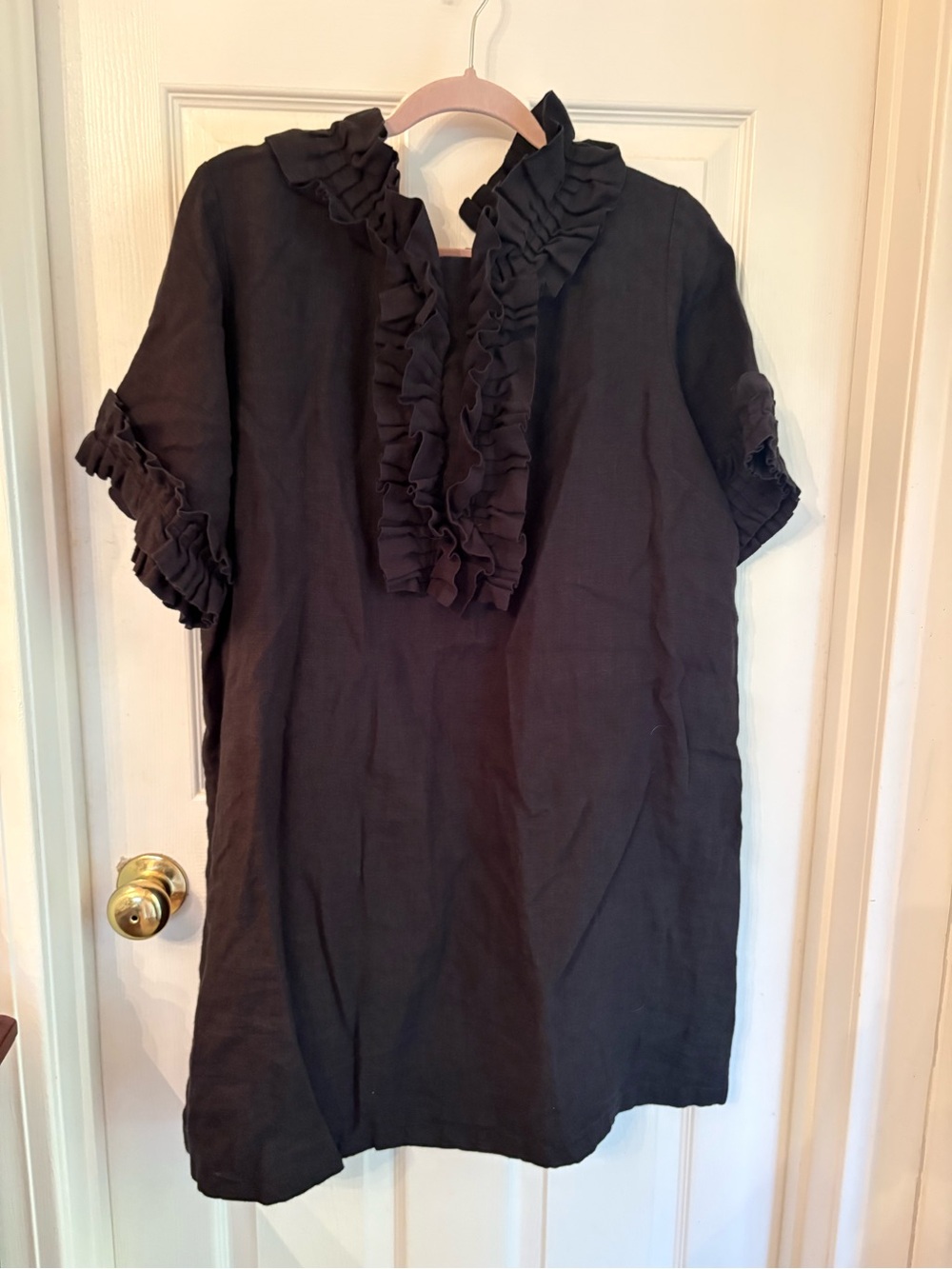 Elizabeth Wilson Designs Women’s Black Ruffle-Front Linen Dress